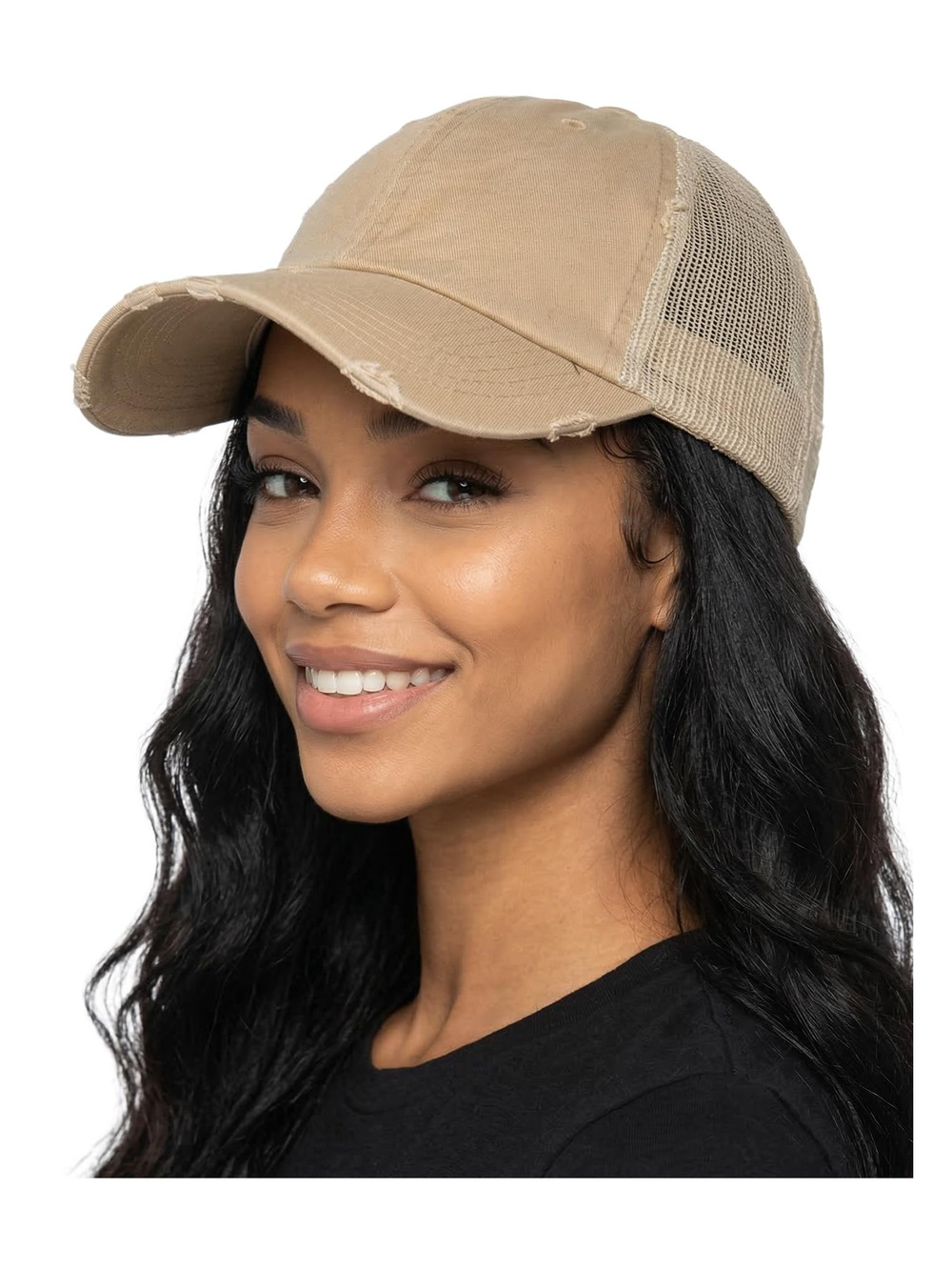 Distressed Mesh Low Profile Trucker Hat Snapback Cap | Khaki | Size OS